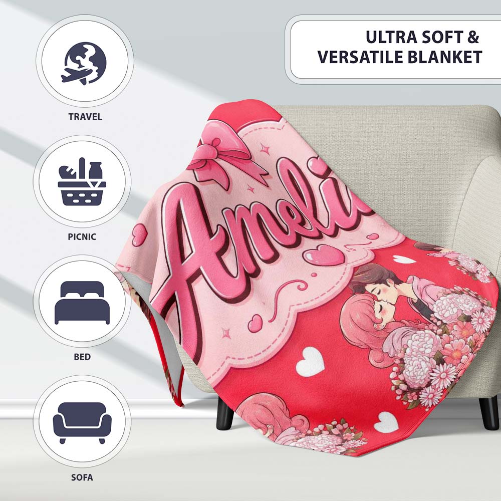 Romantic Couple Kissing Floral Bouquet Hearts Seamless Pattern Red  Personalised Custom Name Super Soft Fleece Blanket Bed Sofa Throw
