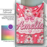 Romantic Couple Kissing Floral Bouquet Hearts Seamless Pattern Red  Personalised Custom Name Super Soft Fleece Blanket Bed Sofa Throw