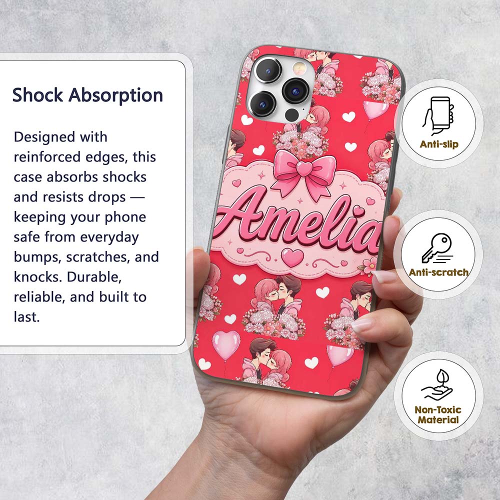Romantic Couple Kissing Floral Bouquet Hearts Custom Name Protective Phone Case Mobile Cover Durable Everyday Smartphone Shock Resistant