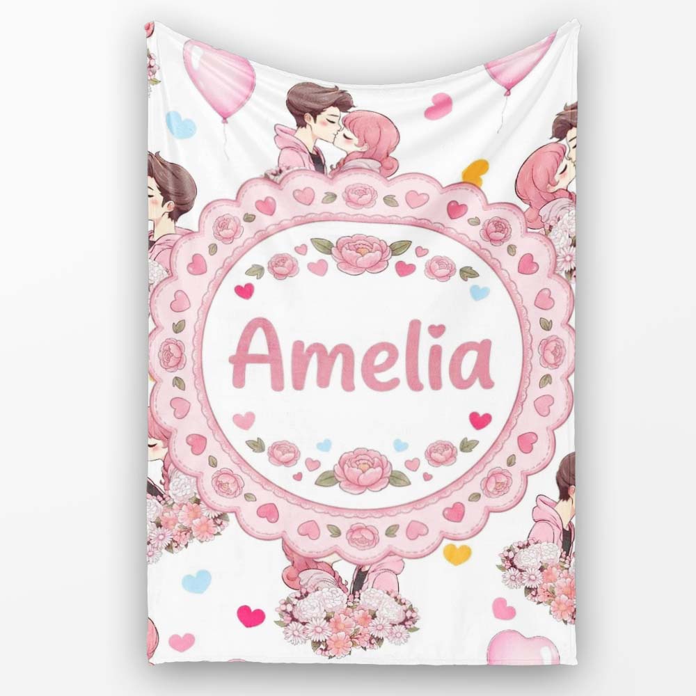 Romantic Couple Kissing Floral Bouquet Hearts Seamless Pattern Grey  Personalised Custom Name Super Soft Fleece Blanket Bed Sofa Throw