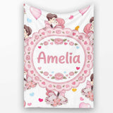 Romantic Couple Kissing Floral Bouquet Hearts Seamless Pattern Grey  Personalised Custom Name Super Soft Fleece Blanket Bed Sofa Throw