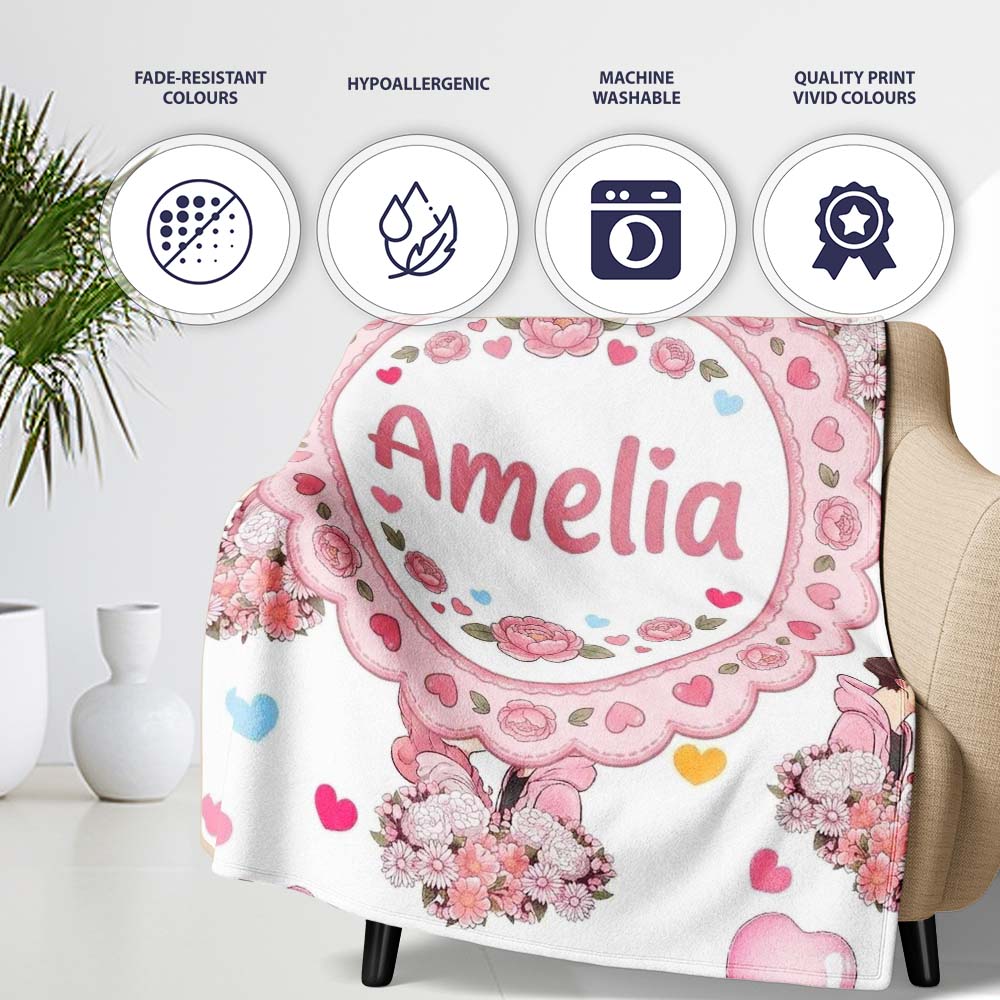 Romantic Couple Kissing Floral Bouquet Hearts Seamless Pattern Grey  Personalised Custom Name Super Soft Fleece Blanket Bed Sofa Throw