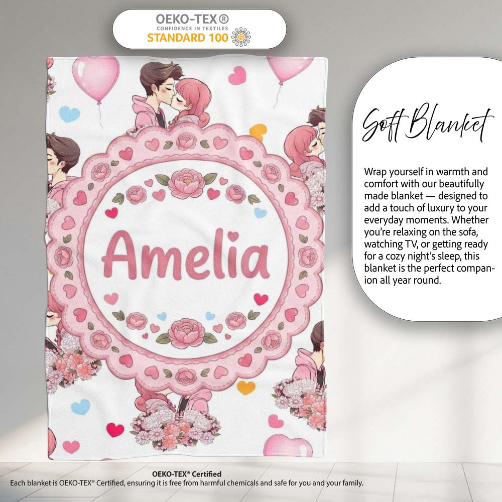 Romantic Couple Kissing Floral Bouquet Hearts Seamless Pattern Grey  Personalised Custom Name Super Soft Fleece Blanket Bed Sofa Throw