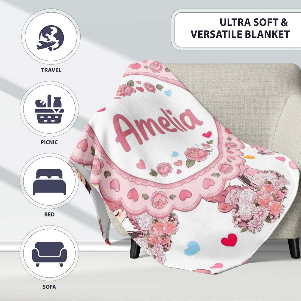 Romantic Couple Kissing Floral Bouquet Hearts Seamless Pattern Grey  Personalised Custom Name Super Soft Fleece Blanket Bed Sofa Throw