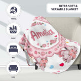 Romantic Couple Kissing Floral Bouquet Hearts Seamless Pattern Grey  Personalised Custom Name Super Soft Fleece Blanket Bed Sofa Throw