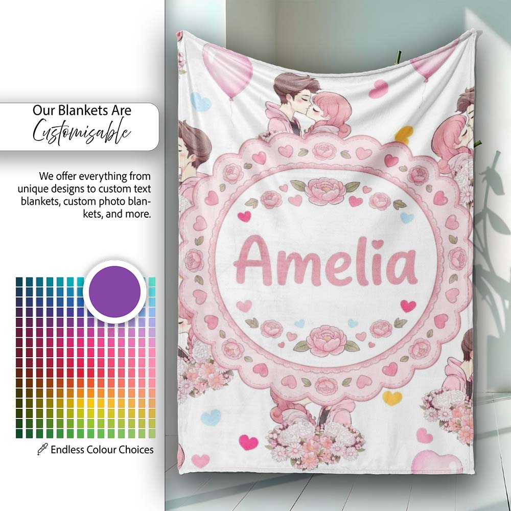 Romantic Couple Kissing Floral Bouquet Hearts Seamless Pattern Grey  Personalised Custom Name Super Soft Fleece Blanket Bed Sofa Throw