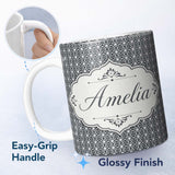 Personalized Custom Name Modern Grey Geometric Flower Lattice Pattern Symmetrical Seamless 11oz Ceramic Coffee Tea Mug White Large Handle