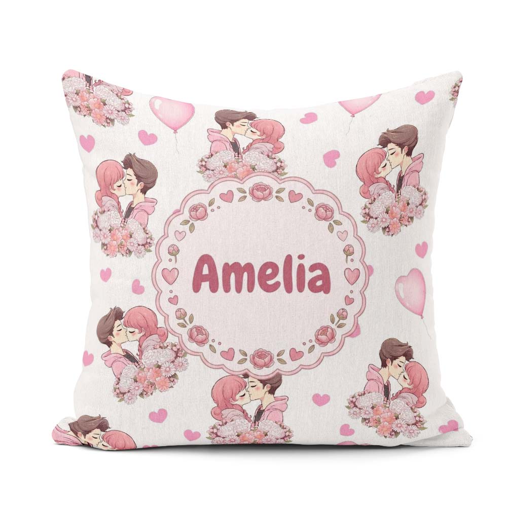 Custom Name Romantic Couple Kissing Floral Bouquet Pattern Light Square Filled Cushion Throw Pillow Sofa Bed Home Decor Zip Washable UK Made