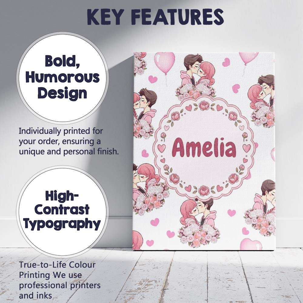 Personalised Name Romantic Couple Kissing Custom  Unique Gift Idea Elegant Feature Canvas Wall Art Print Decor Picture Ready to Hang