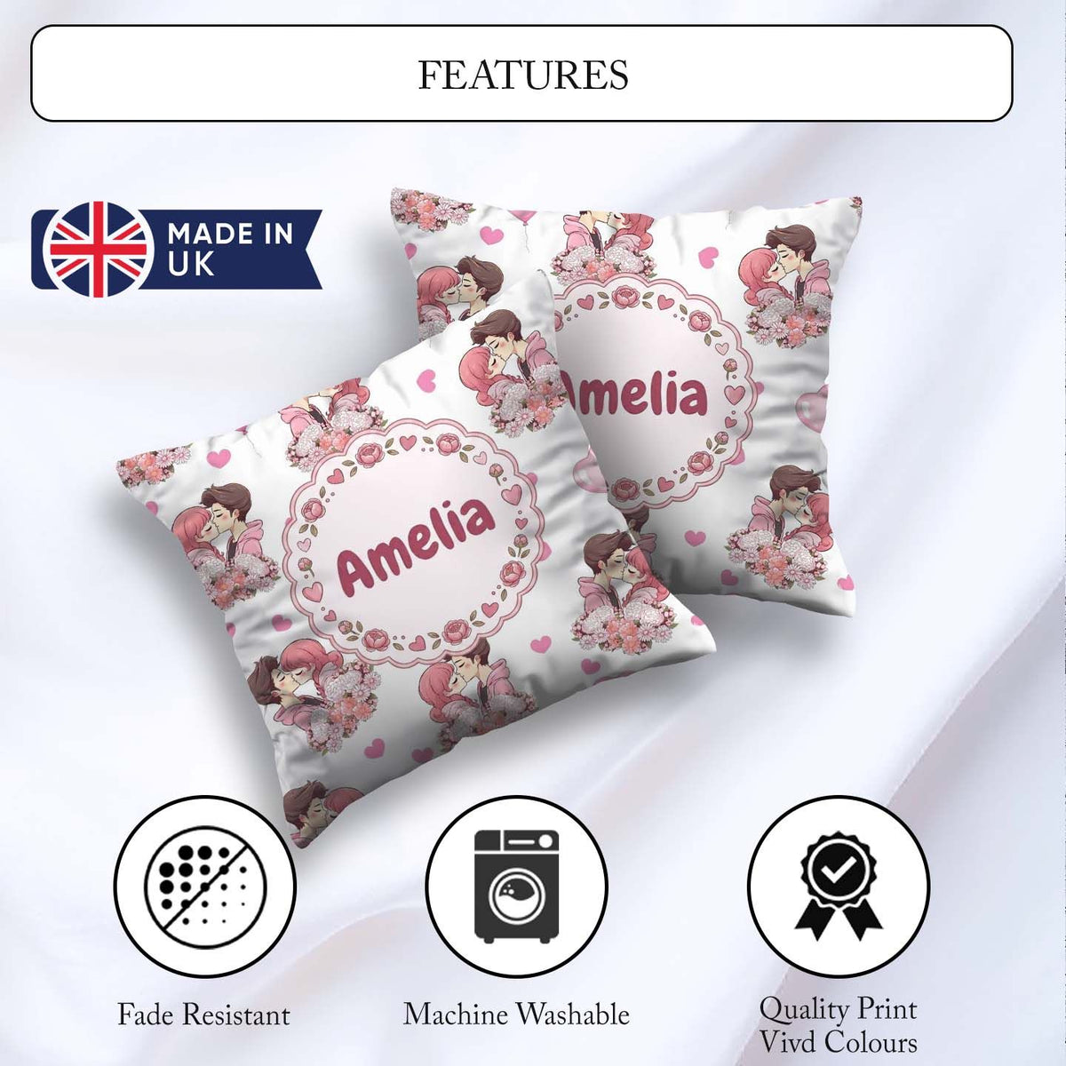 Custom Name Romantic Couple Kissing Floral Bouquet Pattern Light Square Filled Cushion Throw Pillow Sofa Bed Home Decor Zip Washable UK Made