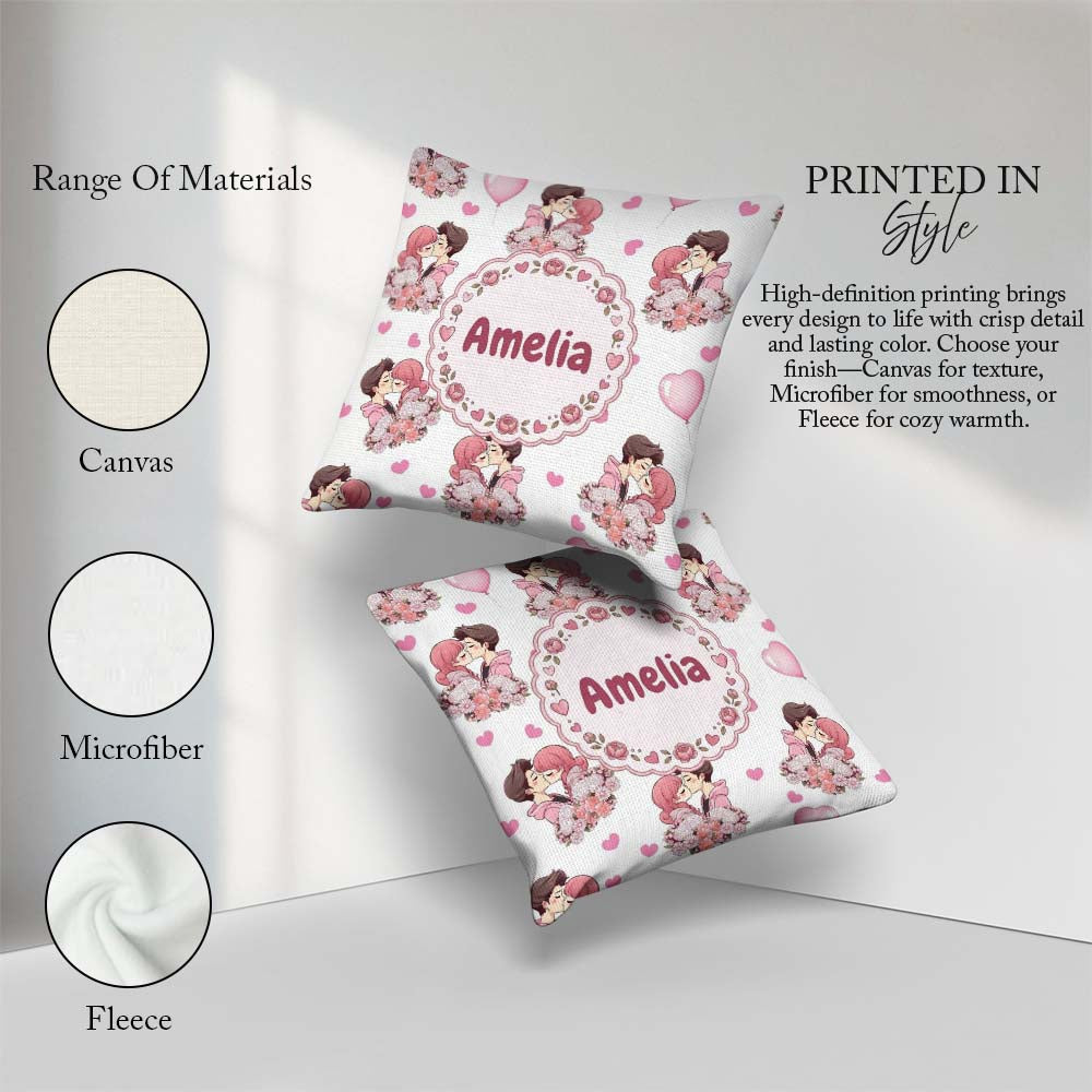 Custom Name Romantic Couple Kissing Floral Bouquet Pattern Light Square Filled Cushion Throw Pillow Sofa Bed Home Decor Zip Washable UK Made