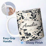 Personalized Custom Name Abstract Organic Blobs Black Beige Modern Artistic Pattern Lovely 11oz Ceramic Coffee Tea Mug White Large Handle