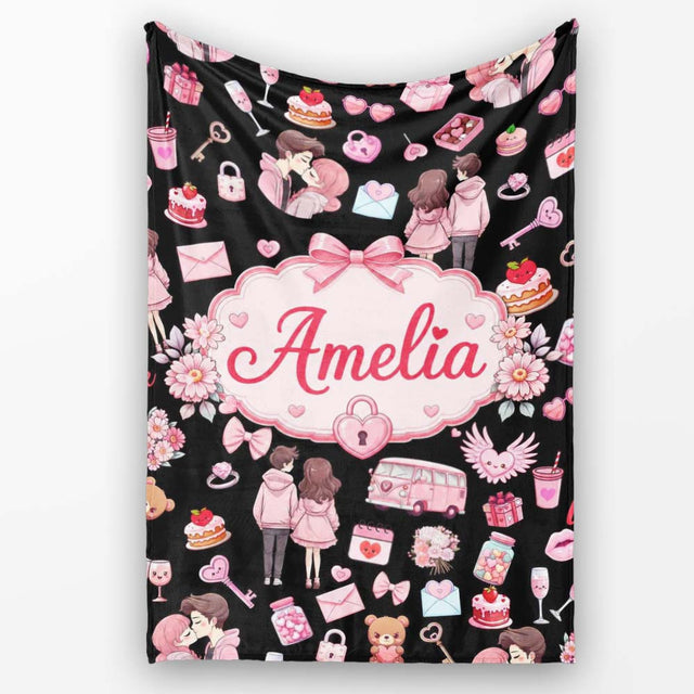 Cute Love Couple Gifts Cakes Teddy Bear Seamless Pattern Black  Personalised Custom Name Super Soft Fleece Blanket Bed Sofa Throw