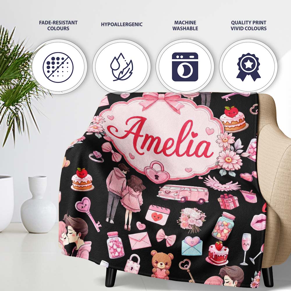 Cute Love Couple Gifts Cakes Teddy Bear Seamless Pattern Black  Personalised Custom Name Super Soft Fleece Blanket Bed Sofa Throw