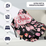 Cute Love Couple Gifts Cakes Teddy Bear Seamless Pattern Black  Personalised Custom Name Super Soft Fleece Blanket Bed Sofa Throw