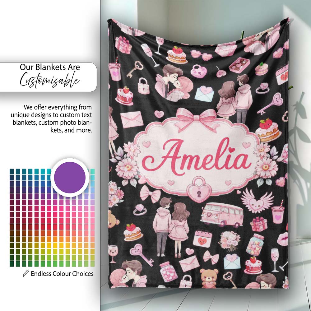 Cute Love Couple Gifts Cakes Teddy Bear Seamless Pattern Black  Personalised Custom Name Super Soft Fleece Blanket Bed Sofa Throw