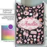 Cute Love Couple Gifts Cakes Teddy Bear Seamless Pattern Black  Personalised Custom Name Super Soft Fleece Blanket Bed Sofa Throw