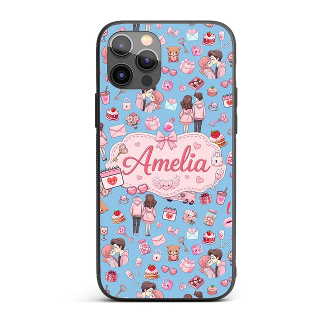Cute Love Couple Gifts Cakes Teddy Bear Seamless Custom Name Protective Phone Case Mobile Cover Durable Everyday Smartphone Shock Resistant
