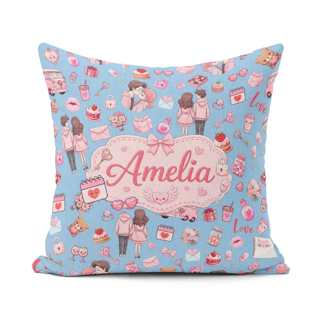 Custom Name Couple Gifts Cakes Teddy Bear Seamless Pattern Blue Square Filled Cushion Throw Pillow Sofa Bed Home Decor Zip Washable UK Made