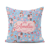 Custom Name Couple Gifts Cakes Teddy Bear Seamless Pattern Blue Square Filled Cushion Throw Pillow Sofa Bed Home Decor Zip Washable UK Made