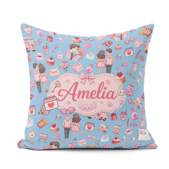 Custom Name Couple Gifts Cakes Teddy Bear Seamless Pattern Blue Square Filled Cushion Throw Pillow Sofa Bed Home Decor Zip Washable UK Made