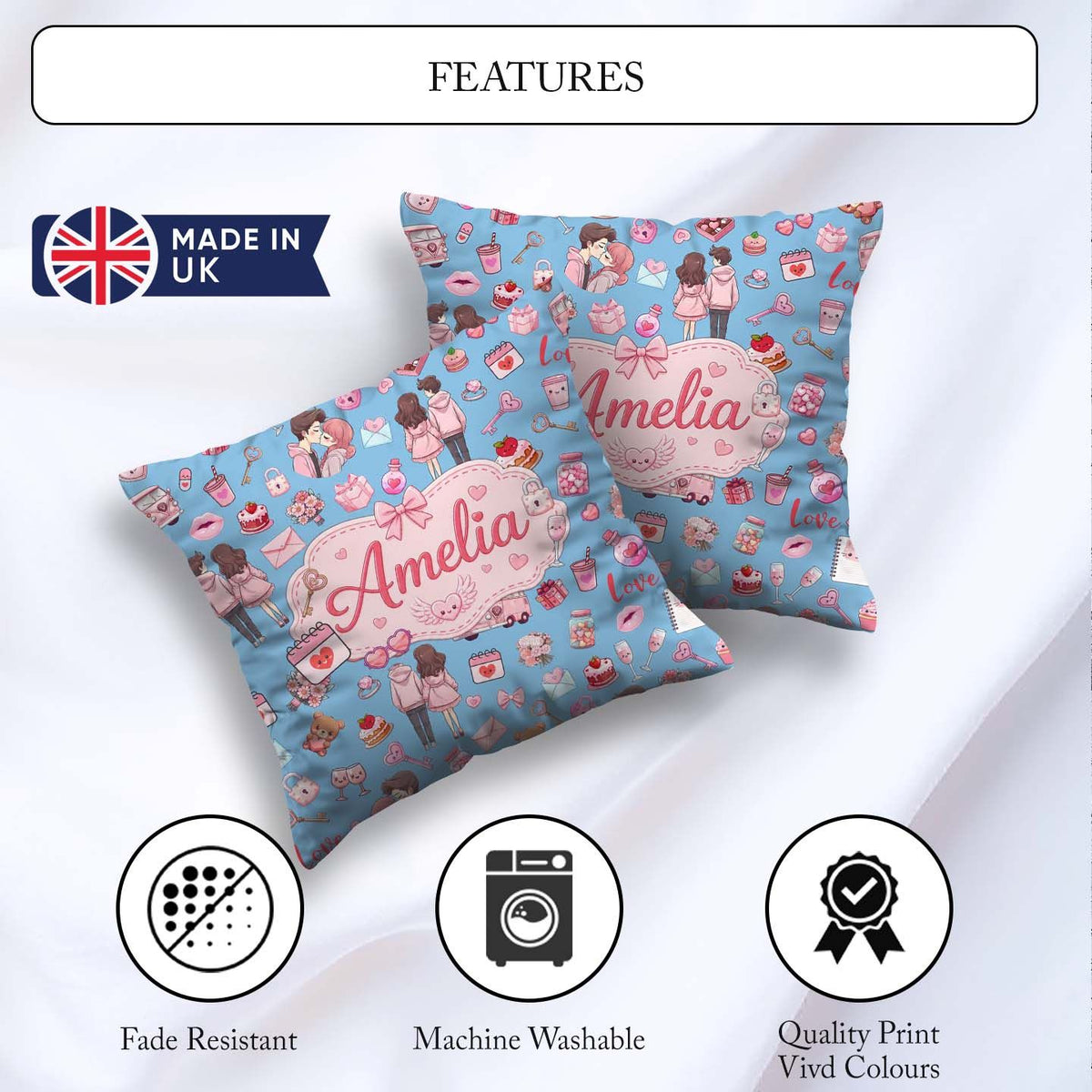 Custom Name Couple Gifts Cakes Teddy Bear Seamless Pattern Blue Square Filled Cushion Throw Pillow Sofa Bed Home Decor Zip Washable UK Made