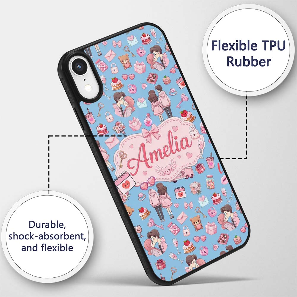 Cute Love Couple Gifts Cakes Teddy Bear Seamless Custom Name Protective Phone Case Mobile Cover Durable Everyday Smartphone Shock Resistant