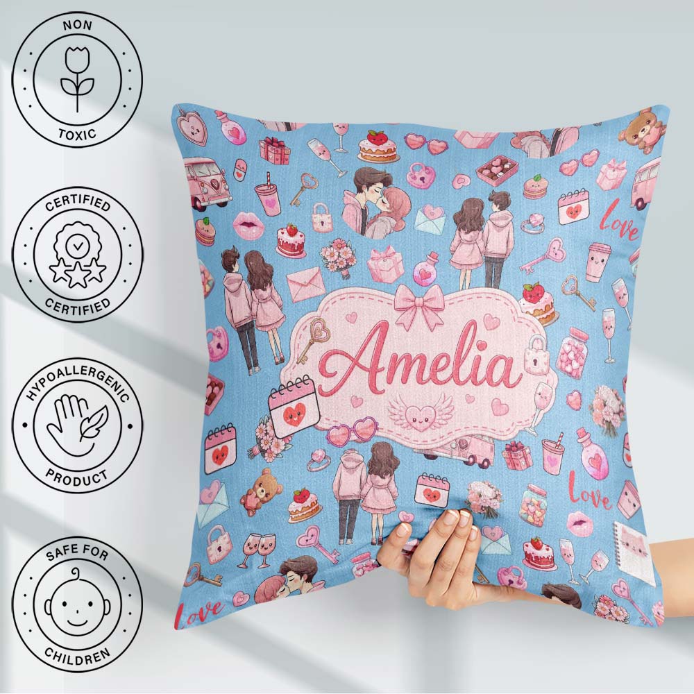 Custom Name Couple Gifts Cakes Teddy Bear Seamless Pattern Blue Square Filled Cushion Throw Pillow Sofa Bed Home Decor Zip Washable UK Made