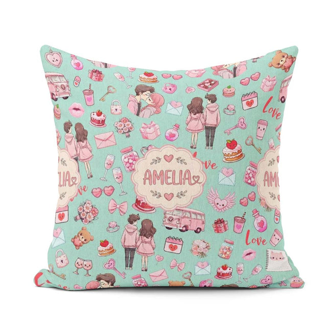 Custom Name Couple Gifts Cakes Teddy Bear Pattern Mint Green Square Filled Cushion Throw Pillow Sofa Bed Home Decor Zip Washable UK Made