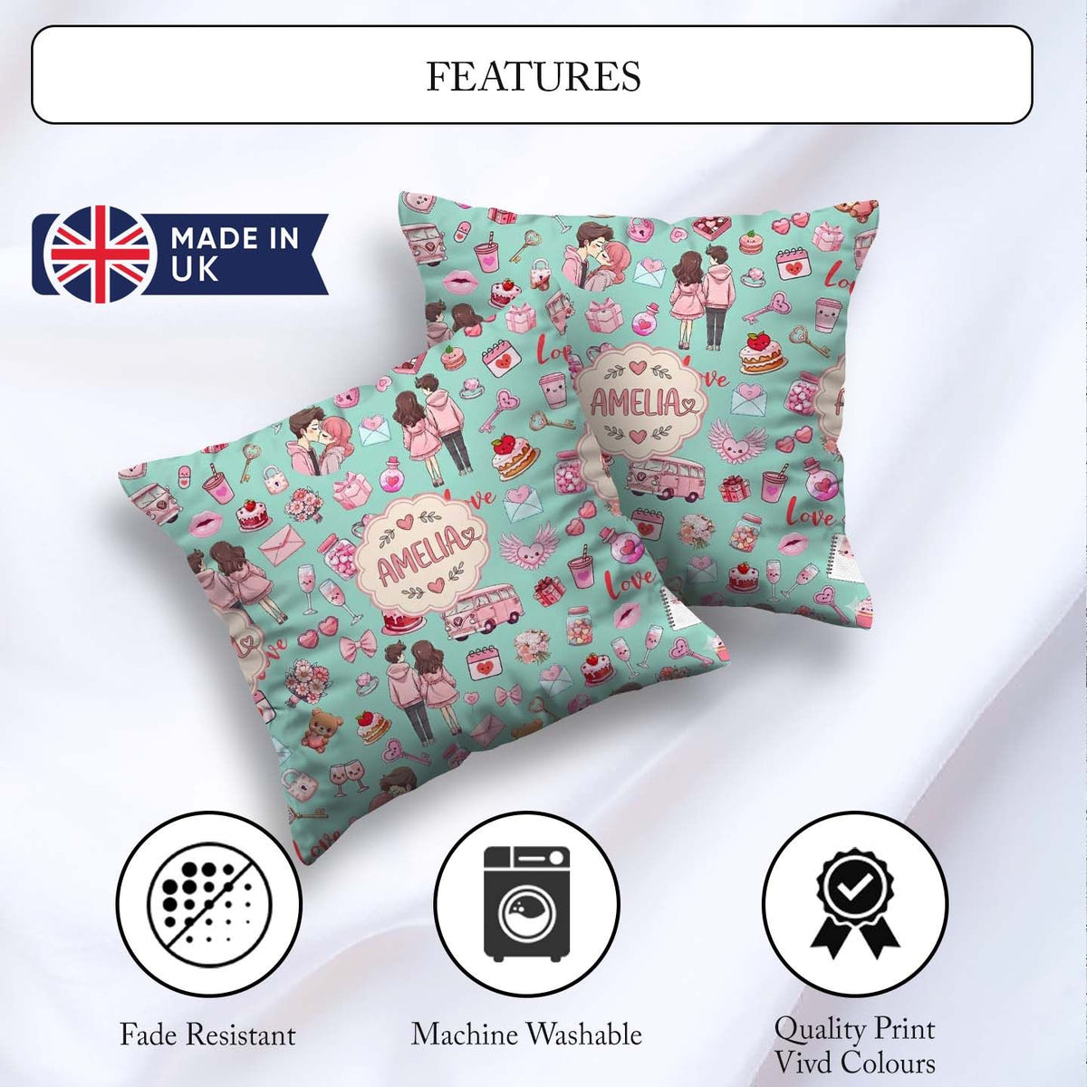 Custom Name Couple Gifts Cakes Teddy Bear Pattern Mint Green Square Filled Cushion Throw Pillow Sofa Bed Home Decor Zip Washable UK Made