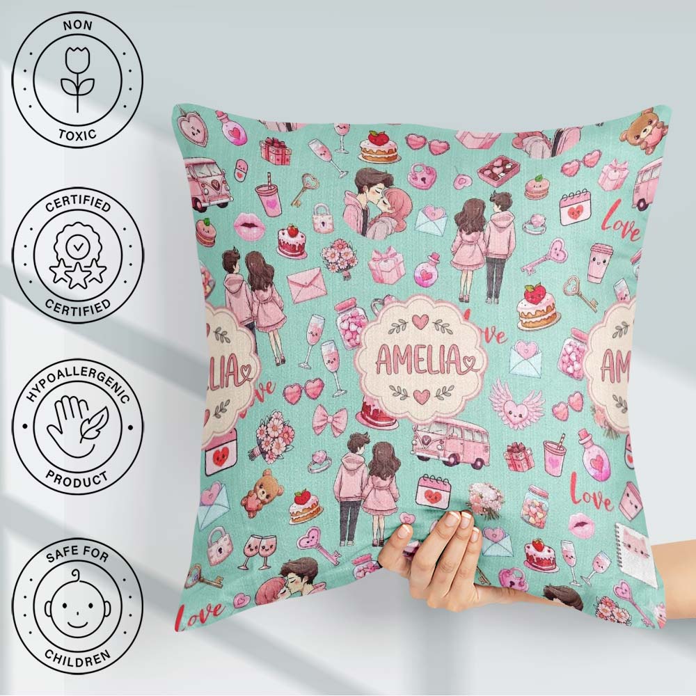 Custom Name Couple Gifts Cakes Teddy Bear Pattern Mint Green Square Filled Cushion Throw Pillow Sofa Bed Home Decor Zip Washable UK Made