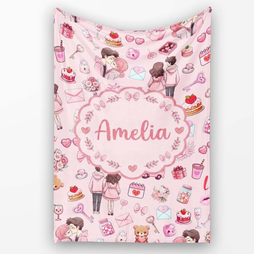 Cute Love Couple Gifts Cakes Teddy Bear Pattern Soft Pink Background  Personalised Custom Name Super Soft Fleece Blanket Bed Sofa Throw