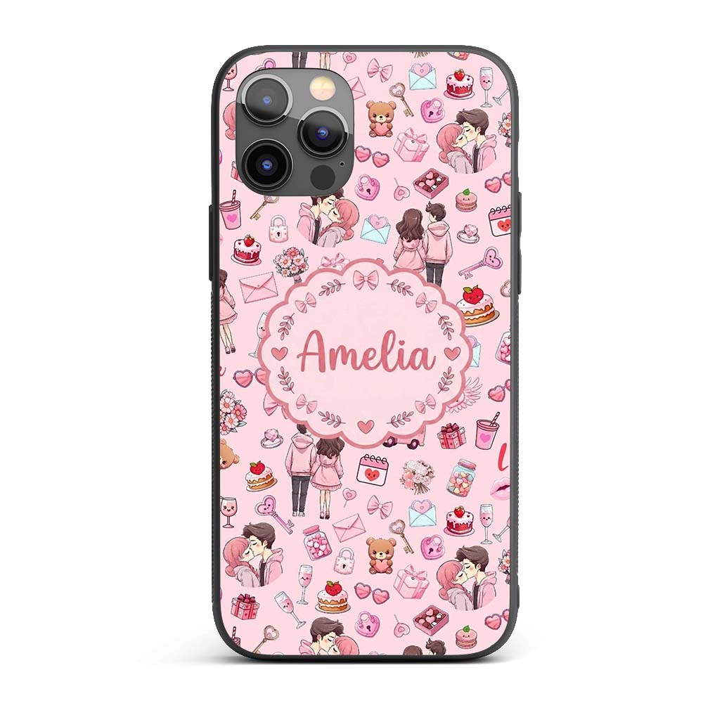 Cute Love Couple Gifts Cakes Teddy Bear Pattern Custom Name Protective Phone Case Mobile Cover Durable Everyday Smartphone Shock Resistant