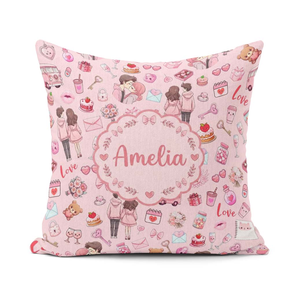 Custom Name Cute Couple Gifts Cakes Teddy Bear Pattern Soft Pink Square Filled Cushion Throw Pillow Sofa Bed Home Decor Zip Washable UK Made