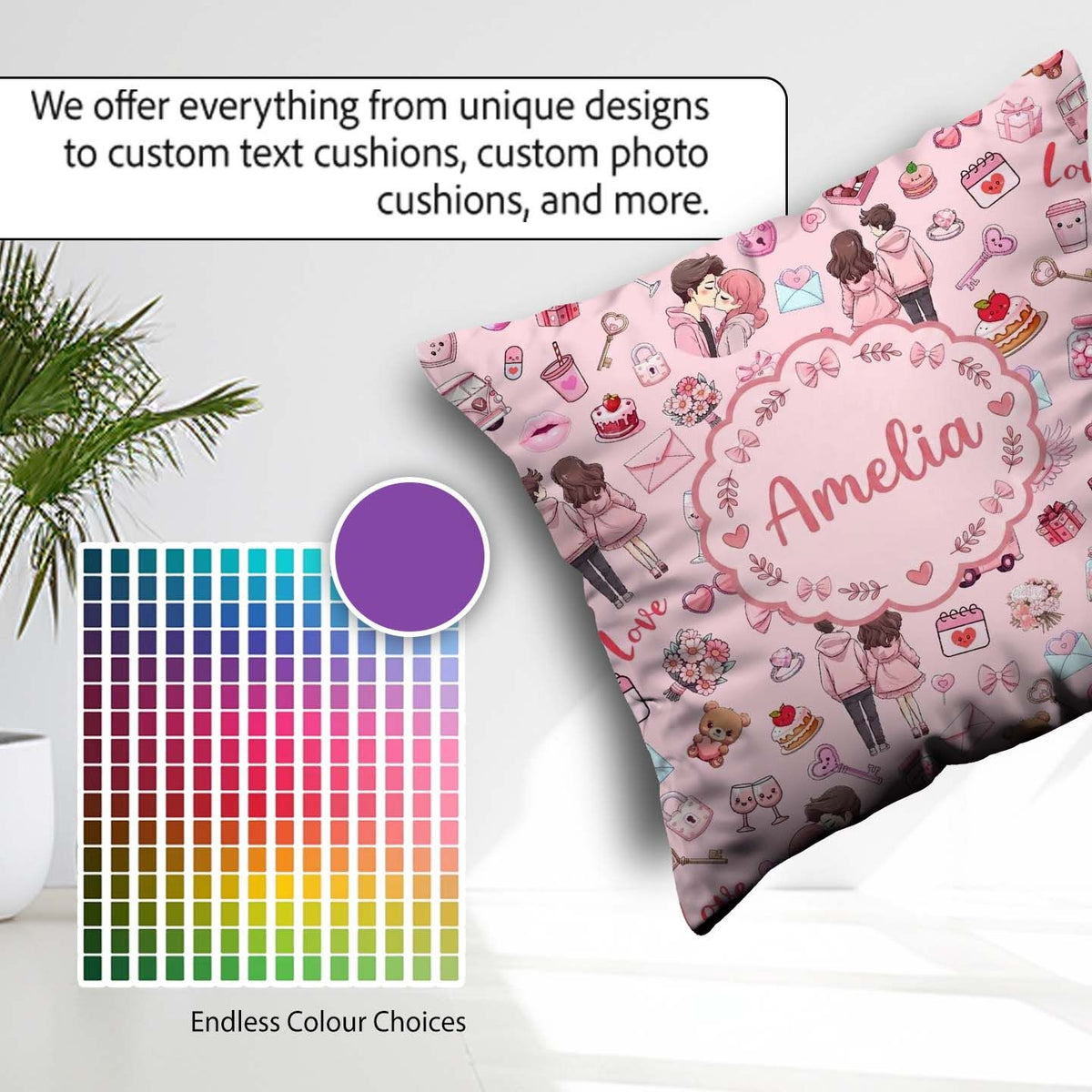 Custom Name Cute Couple Gifts Cakes Teddy Bear Pattern Soft Pink Square Filled Cushion Throw Pillow Sofa Bed Home Decor Zip Washable UK Made