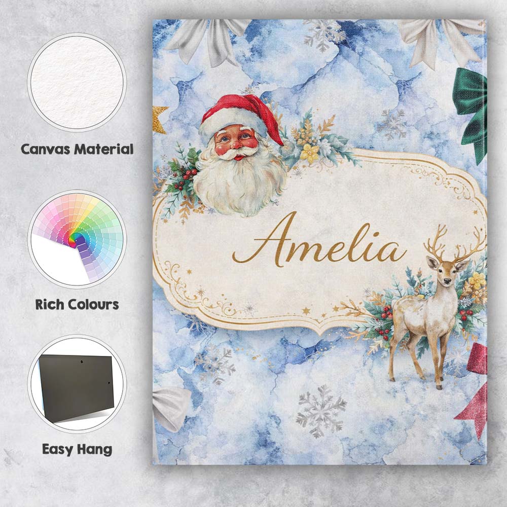 Personalised Name Christmas Santa Reindeer Snowflake Bow Festive Custom  Interior Canvas Wall Art Print Decor Picture Ready to Hang