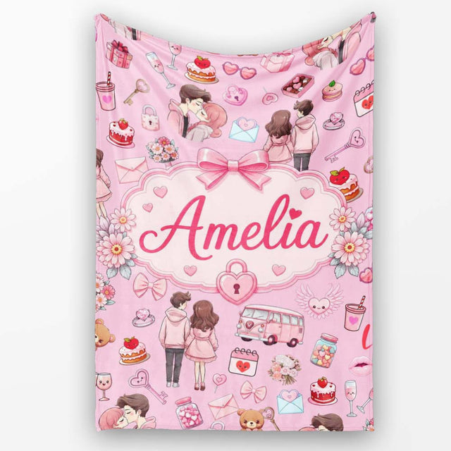 Cute Love Couple Gifts Cakes Teddy Bear Seamless Pattern Pink Lovely  Personalised Custom Name Super Soft Fleece Blanket Bed Sofa Throw