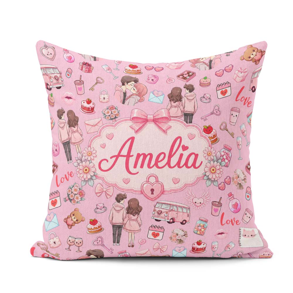 Custom Name Couple Gifts Cakes Teddy Bear Seamless Pattern Pink Square Filled Cushion Throw Pillow Sofa Bed Home Decor Zip Washable UK Made