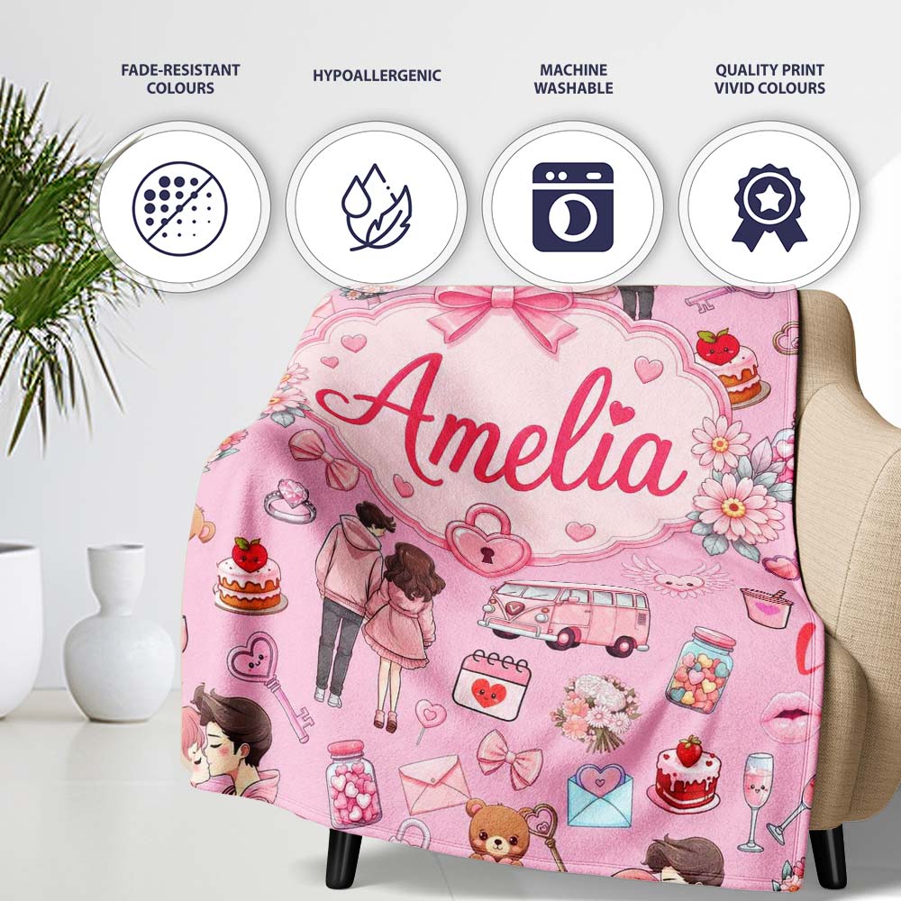 Cute Love Couple Gifts Cakes Teddy Bear Seamless Pattern Pink Lovely  Personalised Custom Name Super Soft Fleece Blanket Bed Sofa Throw