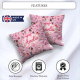 Custom Name Couple Gifts Cakes Teddy Bear Seamless Pattern Pink Square Filled Cushion Throw Pillow Sofa Bed Home Decor Zip Washable UK Made