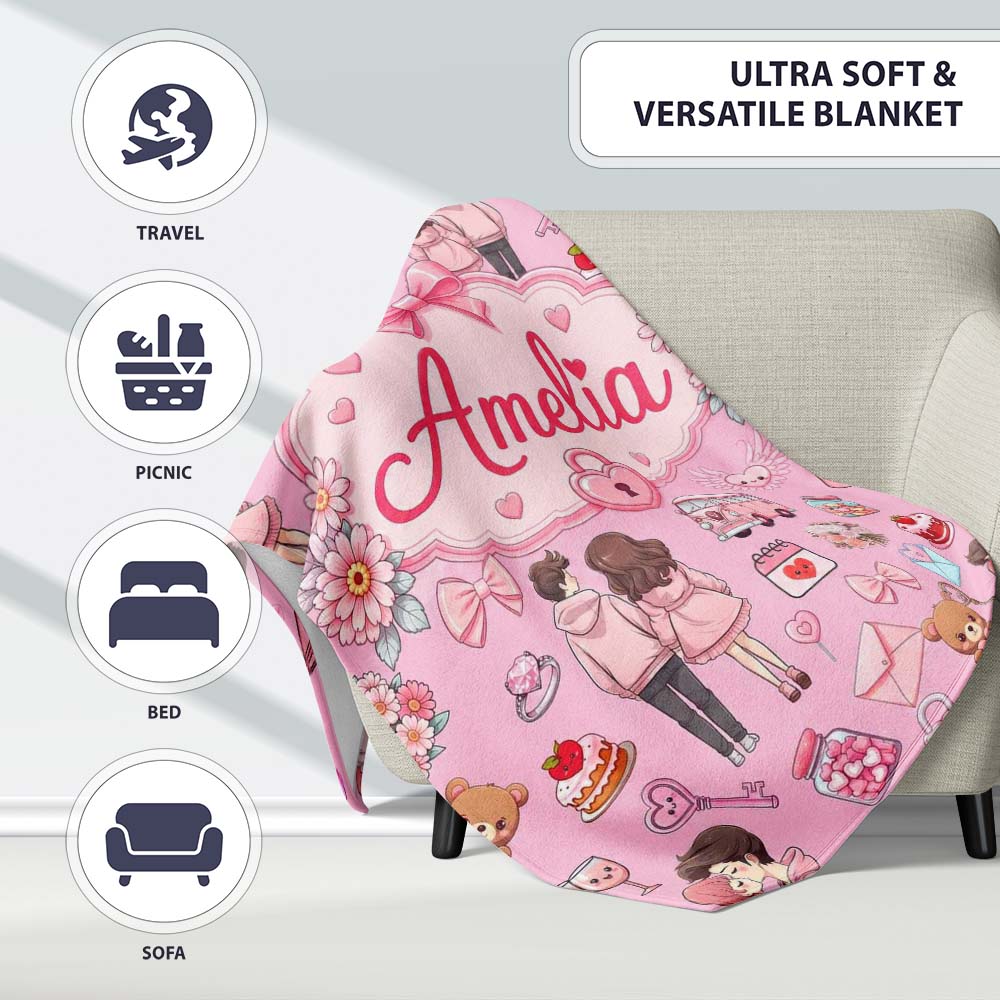 Cute Love Couple Gifts Cakes Teddy Bear Seamless Pattern Pink Lovely  Personalised Custom Name Super Soft Fleece Blanket Bed Sofa Throw