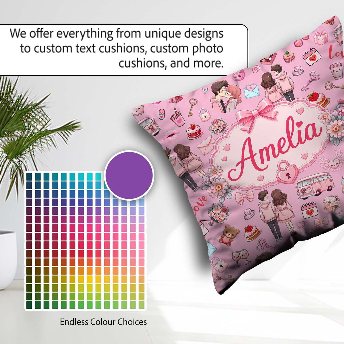 Custom Name Couple Gifts Cakes Teddy Bear Seamless Pattern Pink Square Filled Cushion Throw Pillow Sofa Bed Home Decor Zip Washable UK Made