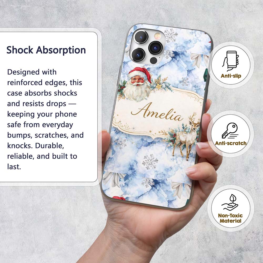 Christmas Santa Reindeer Snowflake Bow Festive Custom Name Protective Phone Case Mobile Cover Durable Everyday Smartphone Shock Resistant