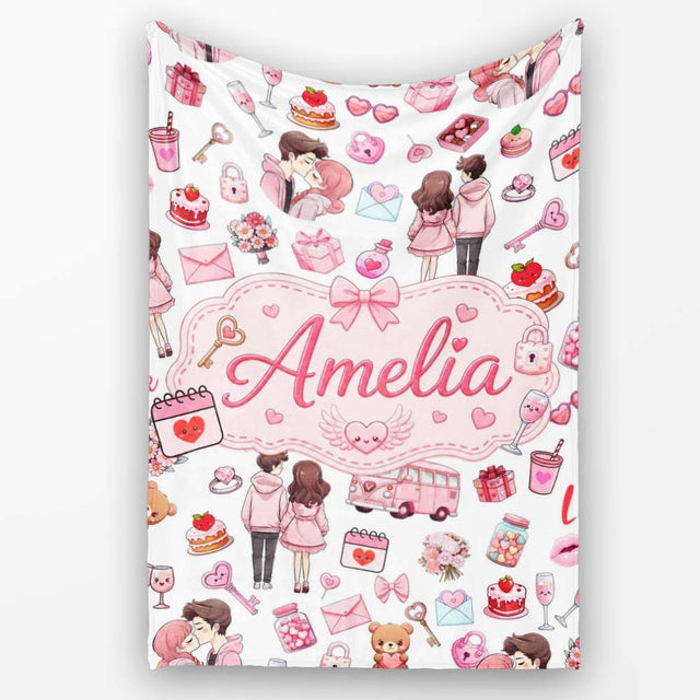 Cute Love Couple Gifts Cakes Teddy Bear Pattern Light Grey Lovely  Personalised Custom Name Super Soft Fleece Blanket Bed Sofa Throw