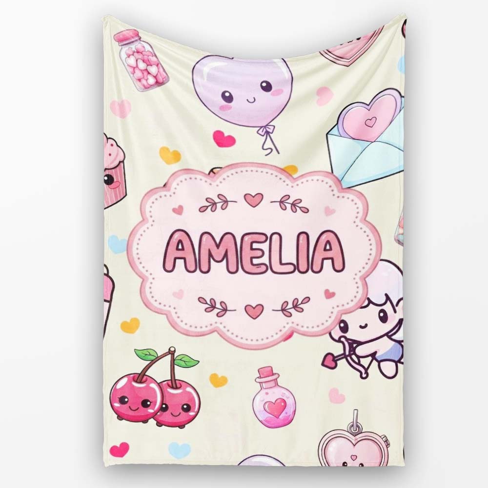 Cute Cupid Angels Hearts Sweets Balloon Love Elements Pattern Beige  Personalised Custom Name Super Soft Fleece Blanket Bed Sofa Throw