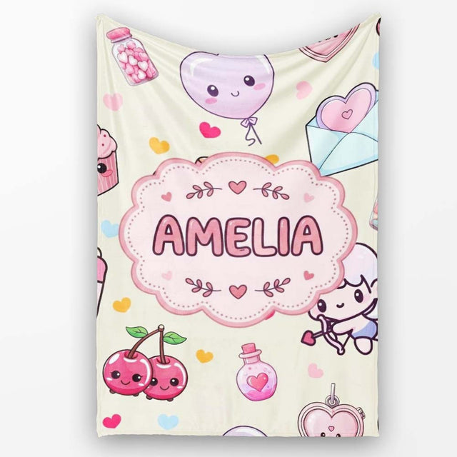 Cute Cupid Angels Hearts Sweets Balloon Love Elements Pattern Beige  Personalised Custom Name Super Soft Fleece Blanket Bed Sofa Throw