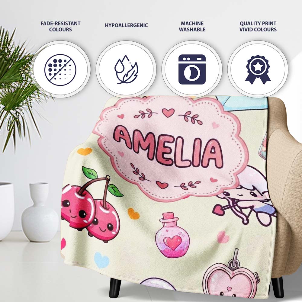 Cute Cupid Angels Hearts Sweets Balloon Love Elements Pattern Beige  Personalised Custom Name Super Soft Fleece Blanket Bed Sofa Throw