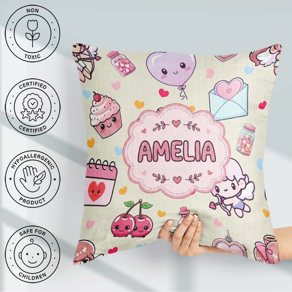 Custom Name Cupid Angels Hearts Sweets Balloon Elements Pattern Square Filled Cushion Throw Pillow Sofa Bed Home Decor Zip Washable UK Made