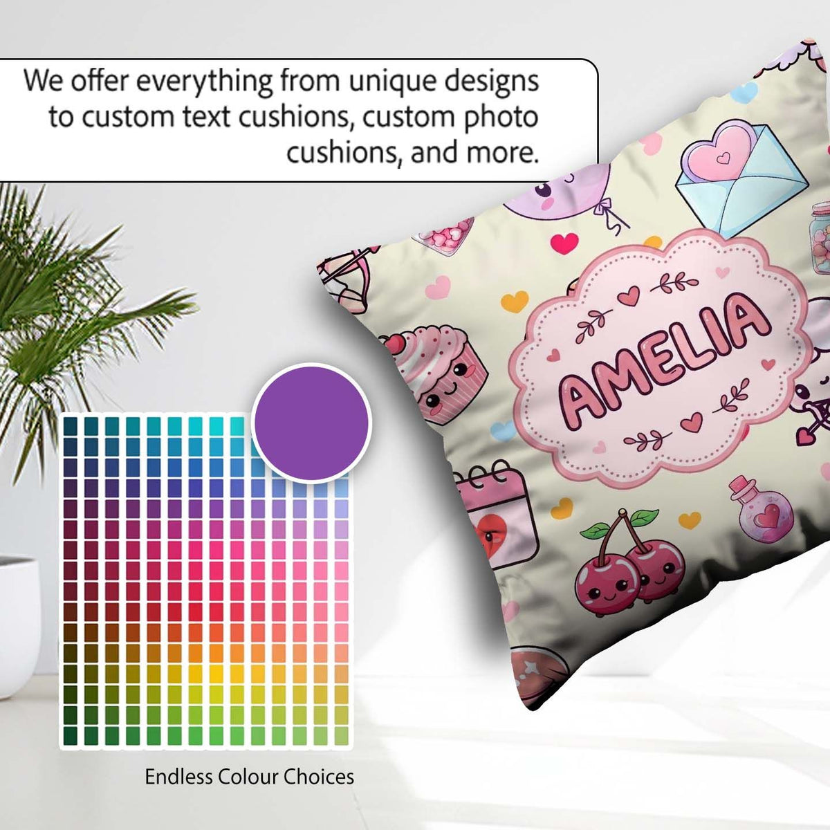Custom Name Cupid Angels Hearts Sweets Balloon Elements Pattern Square Filled Cushion Throw Pillow Sofa Bed Home Decor Zip Washable UK Made
