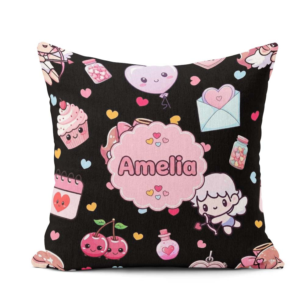 Custom Name Cupid Angels Hearts Sweets Balloon Elements Pattern Square Filled Cushion Throw Pillow Sofa Bed Home Decor Zip Washable UK Made
